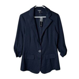 SOHO apparel navy blue single button ruched sleeve sweater blazer M NWT